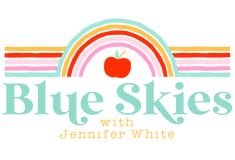 the logo for blue skies with an apple and rainbow in the background on a white background