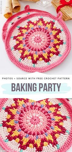 two crocheted coasters with the words baking party on them and an image of bread