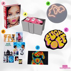 an assortment of items that include cd's, cds, and album cover art