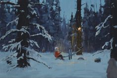 a painting of a person sitting in the middle of a forest with snow on it