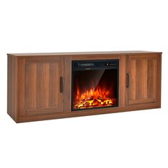 an entertainment center with a fireplace in the middle and doors open to reveal fire flames