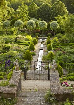 a garden with lots of trees and plants in it's center, surrounded by stone steps