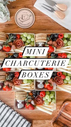 mini charcuterie boxes are arranged on a wooden table with utensils and napkins