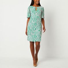 Designed in a green and pink abstract print, this women's knee-length dress from Black Label by Evan-Picone is made from a comfortable stretch-fabric that effortlessly moves the way you do. It's cut for a silhouette-hugging fit with short flutter sleeves and a front button-keyhole closure. Wear with gold-tone jewelry and heels.Features: Stretch FabricClosure Type: Pullover HeadNeckline: Keyhole NeckSleeve Length: Short SleeveSleeve Style: Flutter SleeveApparel Length: 37.5 InchesDress Length: Kn Aalto Vase, Sheath Dresses, Womens Sheath Dress, Fits With Shorts, 4 Dresses, Pink Abstract, Green And Pink, Short Bob Hairstyles, Short Bob