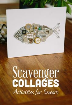 the cover of scavenger collages activities for seniors, including buttons and magnets