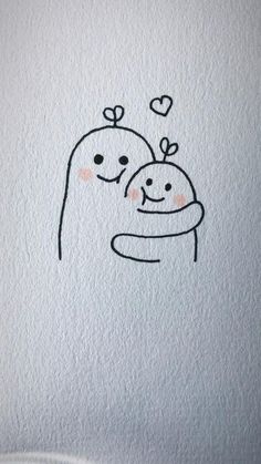 a drawing of two people holding each other in their arms with hearts flying above them