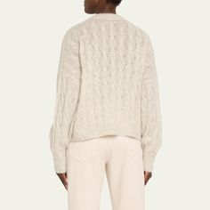 Brunello Cucinelli cable-knit sweater in a mohair and wool finish  V-neckline Long sleeves Ribbed trim  Hip length  Pullover style Wool/mohair Made in Italy Wool V-neck Chunky Knit Sweater, Elegant Cable Knit V-neck Sweater For Fall, Wool V-neck Cable Knit Cardigan, Cableknit Sweater, Mohair Wool, Pearl Grey, Brunello Cucinelli, Hip Length, Pullover Styling