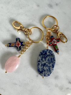 Natural Gemstone Gold Keychain Rose Quartz Blue Jasper | Etsy Handmade Sodalite Jewelry As Gift, Gold Keychain, Blue Jasper, Crystal Keychain, Cross Gift, Floral Cross, Gemstone Healing, Heart Chakra, Jewelry Designs