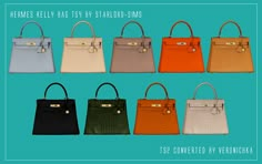 six different colored handbags with gold hardwares on each one and the other side