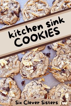 cookies are arranged on top of each other with the words kitchen sink cookies above them