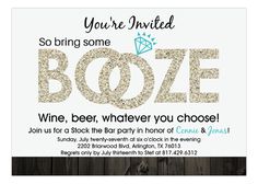 a birthday party card with the words booze written in gold glitters on it