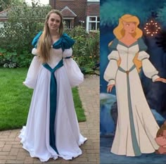 a woman in white and blue dress next to an image of princess aurora