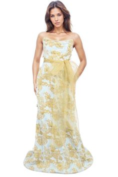 Strapless Brocade Gown with 3D Organza Appliques and Belt Strapless Organza Gown For Evening, Silk Gown With Straight Neckline For Wedding, Blue And Gold Dresses, Brocade Gown, Fitted Gown, Gold Dresses, Fitted Gowns, Brocade Dress, Elegance Style