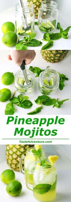 pineapple mojitos with limes and mint in mason jars