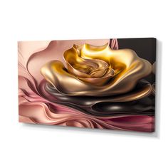 an abstract painting with gold and pink petals on a black background canvas wall art print