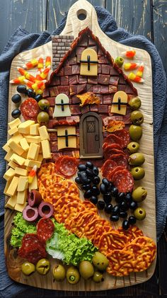 a wooden cutting board topped with lots of food