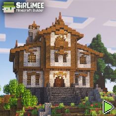 an image of a house made out of wood and stone in the minecraft style