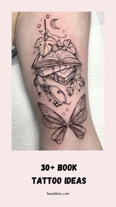 a book tattoo with butterflies and books on it