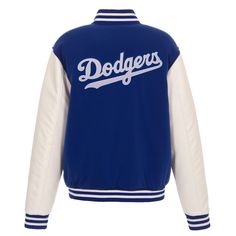 Men's Los Angeles Dodgers JH Design Royal Reversible Fleece Jacket with Faux Leather Sleeves Fleece Outerwear For Sports Events In Fall, Winter College Outerwear With Embroidered Graphics, Collegiate Varsity Jacket With Embroidered Patch For Winter, Collegiate Winter Varsity Jacket With Embroidered Patch, Collegiate Style Winter Fleece Outerwear, Collegiate Varsity Jacket With Embroidered Logo For Winter, Sporty Winter Outerwear With Embroidered Graphics, Varsity Track Jacket With Embroidered Logo For Winter, Winter College Track Jacket With Embroidered Logo