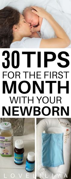 a woman laying in bed with the words 30 tips for the first month with your newborn