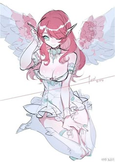 a drawing of a girl with pink hair and angel wings