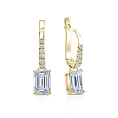 Dangle studs 4-prong basket set diamond earrings make an elegant statement for any occasion. These 18k yellow gold earrings can last a lifetime. The earrings feature emerald-cut natural diamonds with 1.00 ct. total weight for center stone and with 0.10 ct. total weight of small dazzling round-cut diamonds as side stone totaling to 1.10 ct. in a complete pair, available in lever back clasps. Black Diamond Pendant, Beautiful Diamond Earrings, Yellow Gold Diamond Earrings, Black Diamond Studs, Halo Diamond Earrings, Solitaire Diamond Pendant, Colored Diamond Rings, Earrings Emerald, Basket Setting