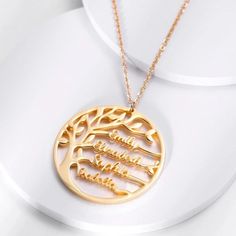 Family Tree Name Necklace is the iconic member of any household that is filled with love and affection. This family name necklace is one of our elite personalized name necklaces, designs specifically on the custom name necklace platform. It is truly a tree of life filled with the names of your loved ones. A family name necklace is a remarkable gift that enlightens the day of the ones who live close to your soul. NECKLACE DESCRIPTION: Style: Casual/Smart Casual Chain Type: Link Chain Material: St Name Necklace For Anniversary Gift, Classic Name Necklaces For Mother's Day, Elegant Name Necklace For Father's Day, Elegant Personalized Necklaces For Father's Day, Father's Day Round Pendant Necklace, Classic Personalized Necklace For Mom, Customized Necklaces For Father's Day Anniversary, Tree Name, Names Necklace