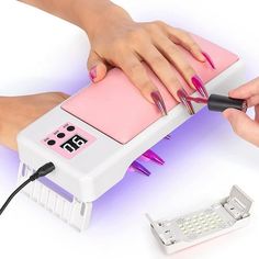 The LED gel nail lamp has plenty of space to accommodate both your hands or feet at the same time.The Hand Pillow Nail lamp has foldable stands for easy storage and space saving Our nail lamps use UV and LED dual light sources(365+405nm wavelength), which is closer to white light, after lighting, your nails have high brightness, No crack, and not hot for your hands. 24 LED light beads are evenly distributed inside. It would help to cure gel nail polish uniformly but won't hurt your skin. SPECIFI Nail Organization, Fan Nails, Fast Nail, Uv Nail Lamp, Hand Pillow, Led Nail Lamp, Nail Dryer, Nail Lamp, Pillow Styling