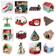 many different kinds of cat houses and toys