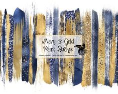 gold and blue paint strokes with the words navy and gold painted on it's side