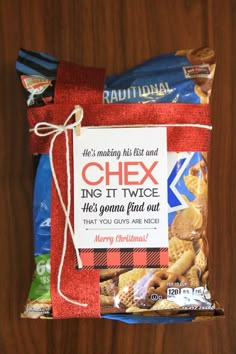 a bag of chex sitting on top of a wooden table