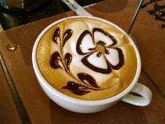 a cappuccino with chocolate swirl in a white cup on a wooden table