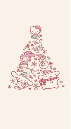 an image of a christmas tree with hello kitty on it's top and snowflakes in the bottom