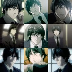 the many faces of an anime character with black hair and green eyes, in different poses