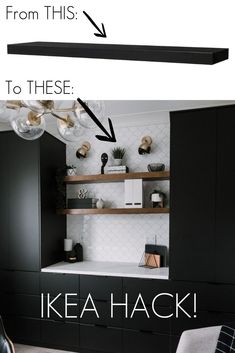 a black and white kitchen with the words ikea hack on it's side