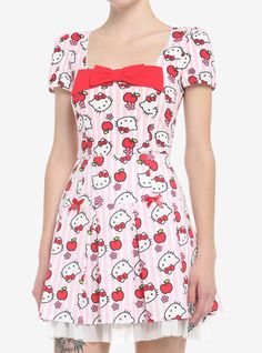 Hello Kitty Apple, Sanrio Style, Hello Kitty Dress, Striped Background, Plus Size Fits, Sweaters And Jeans, Red Bow, Girl Top, Cute Fashion