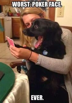 a woman sitting on a couch with her dog and playing cards in front of her