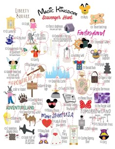 the magic kingdom scavenger hunt map is shown in this graphic art printable