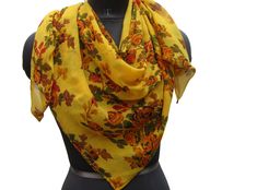 Pattern - floral print scarf. Ideal for - women. Occasion - formal or casual. Fabric - fine chiffon. Color- multicolored, on yellow background floral rose print, is in different colors. Size - 44 x 45 inches. Care - gentle hand wash. For all orders, $120 and above, it will be express delivery through DHL confirmed delivery within 4 to 5 working days. Elegant Yellow Summer Scarf, Elegant Yellow Dupatta For Summer, Elegant Yellow Dupatta For Spring, Spring Yellow Floral Print Dupatta, Yellow Floral Print Dupatta For Spring, Spring Yellow Dupatta With Floral Print, Elegant Yellow Scarves As Gift, Elegant Yellow Scarves For Gifts, Elegant Yellow Scarf As Gift