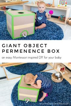 a toddler playing with a giant cardboard box on the floor in his playroom