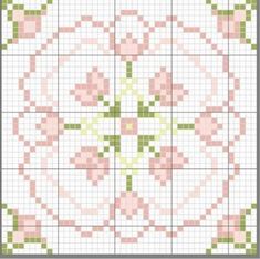 a cross stitch pattern with pink and green flowers on the center, in square format