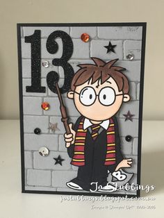 a harry potter birthday card with the number thirteen on it and a cartoon character holding a wand