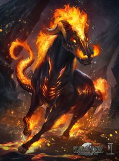 a black horse with flames on its back