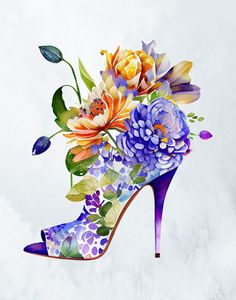 a painting of a high heeled shoe with flowers on it