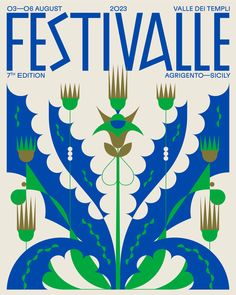 the poster for festivale is shown in blue, green and white colors with an image of