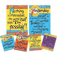 four posters with different words on them and one saying nothing is impossible, the world itself possible