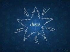 the word jesus written in different languages on a blue background with white snowflakes