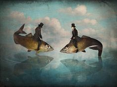 two people riding on the backs of fish in water with sky and clouds behind them