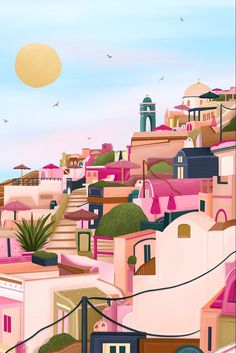 Santorini digital illustration Jigsaw Puzzles Art, Lavender Spa, Santorini Sunset, Jungle Art, London Gifts, Incredible Art, Puzzle For Adults, Indoor Jungle, Uk Artist