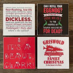 four coasters with christmas sayings on them sitting on a wooden table next to each other